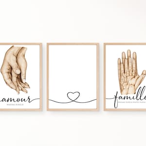 3 Personalized Portraits, A4 Poster customizable colors and text, men's gift idea, Symbolic Gift Family hand in hand