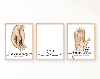 3 Portraits personnalisés, Affiche A4 couleurs et texte personnalisables, idée cadeau homme, Cadeau symbolique Famille main dans la main