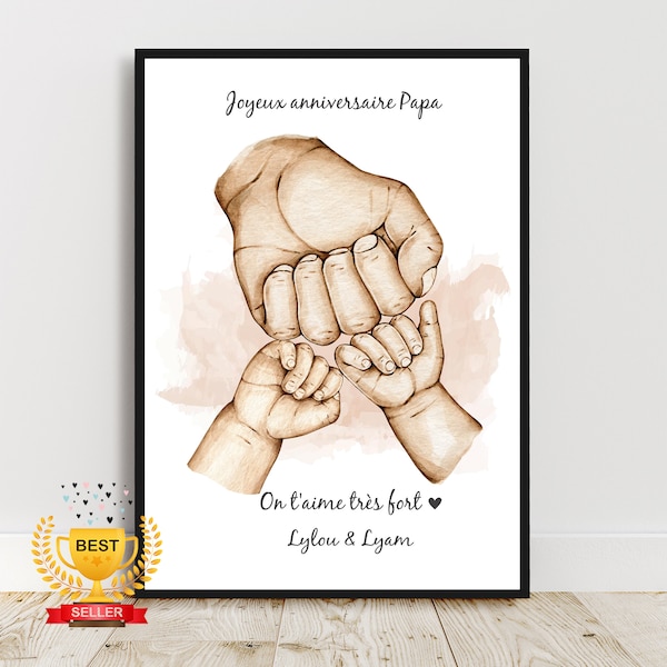 Bon anniversaire papa, Portrait personnalisé, Affiche a4 cadeau fête des pères, Famille main dans la main, couleur et texte personnalisables