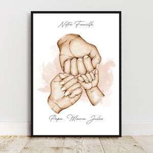 Retrato personalizado, cartel A4 Papá Mamá Niño, color, texto, nombres personalizables, regalo del Día del Padre, regalo del Día de la Madre