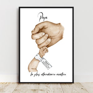 Cadeau de naissance pour PAPA, Affiche A4 ou A3 bracelet de naissance, main papa bébé, cadeau fête des pères, fêtes des mères, cadeau noël