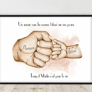 Gift for GODFATHER Poster A6 / A5 / A4 / A3, gift for baptism, portrait check godfather and goddaughter, customizable color and text
