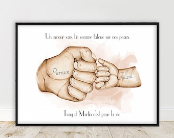Gift for GODFATHER, A4 or A3 poster, gift for baptism, carried godfather and goddaughter check, customizable color and text