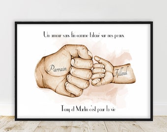 Gift for GODFATHER Poster A6 / A5 / A4 / A3, gift for baptism, portrait check godfather and goddaughter, customizable color and text