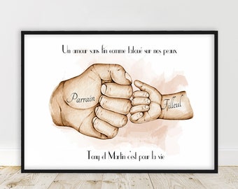 Gift for GODFATHER, A4 or A3 poster, gift for baptism, carried godfather and goddaughter check, customizable color and text