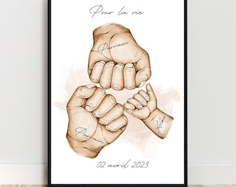 Godfather gift, personalized poster two godfathers and their godchild, A6 / A5 / A4 / A3 format poster, baptism gift