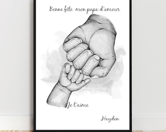 Portrait personnalisé Noir et blanc, affiche a4 cadeau fête des pères, cadeau fête des mères, main famille, couleur et texte personnalisable