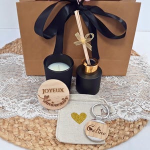 Bougie personnalisee - Porte cle bois - Coffret cadeau anniversaire femme - Gravure laser