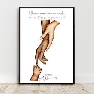 Regalo di nascita, personalizzazione del colore della pelle e del testo, Poster A6/A5/A4/A3, mani di due madri, Regalo personalizzato, Festa della mamma