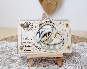 Cadeau de Mariage , Carte cadeau en bois , voyage de noces– Emballage billet original – Gravure laser artisanale – Idée cadeau pour mariés