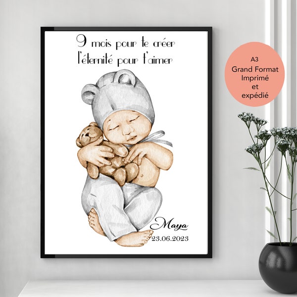 Cadeau naissance personnalisé, Affiche bébé A3 vendue avec ou sans cadre, 100% Made in France, Cadeau original pour nouveau-né, cadeau jeune