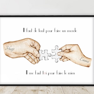 Regalo de San Valentín, póster A6 /A5 /A4 /A3, retrato personalizado, rompecabezas de pareja, texto y color personalizables, regalo para amante,