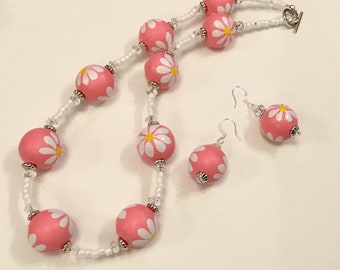 Pink Beaded Necklace with Earrings