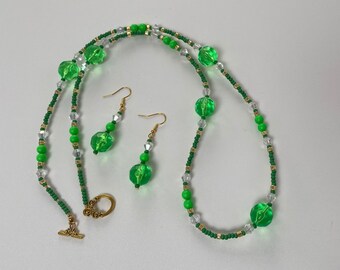 Bright Green Bead Necklace and Dangly Earrings