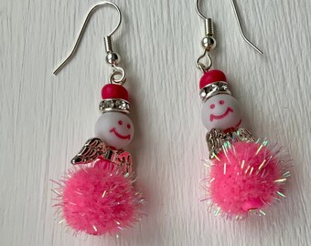 Bright Pink Fluffy Christmas  Angel Earrings
