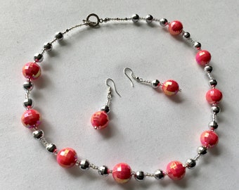 Bright pink disco ball beaded necklace and earrings