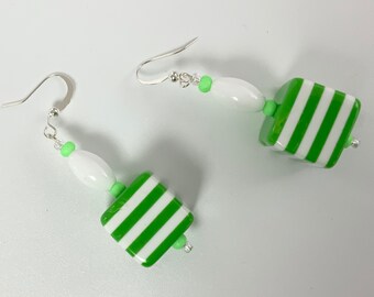 Green and White Striped Dangle Earrings