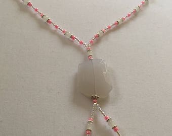 White and Pink Beaded Necklace and Earring Set