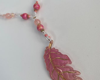 Large Pink leaf Pendant Necklace