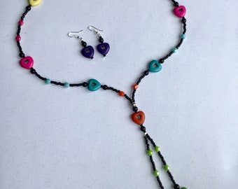 Bright Multi-coloured heart bead necklace with earrings