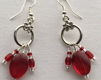 Red Beaded Dangly Earrings