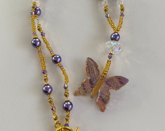 Large Butterfly Pendant Purple Bead Necklace