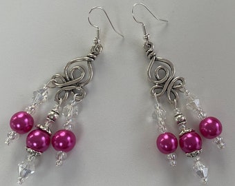 Bright Pink Bead Dangly Earrings