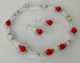 Pretty Red and Antique Silver Necklace and Earrings