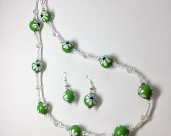 Green beaded necklace with matching earrings
