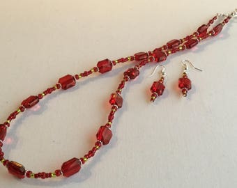 Red beaded choker style necklace set