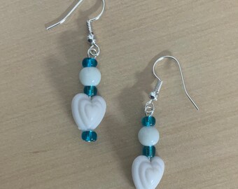 White Heart and Blue Dangly Earrings