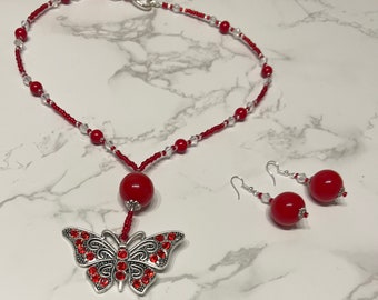 Bright Red Bead Large Butterfly Pendant and Earrings