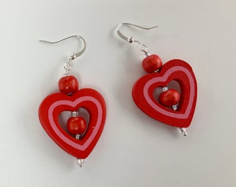 Bright Red Heart Dangle Earrings