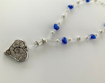 Large Heart Blue Bead Necklace
