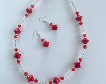 Bright Red Beaded Necklace and Earrings