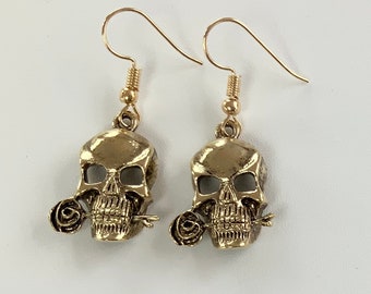 Gold Plated Skull with Rose Charm Earrings