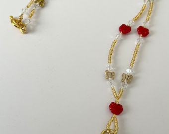 Red Leaf and Gold Butterfly  Bead Lanyard