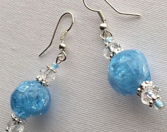 Crackle Blue beaded dangly earrings