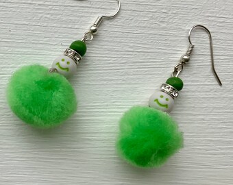 Fluffy Bright Green Christmas Fairy Earrings