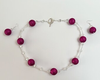 Bright Glitter Pink Necklace and Earrings