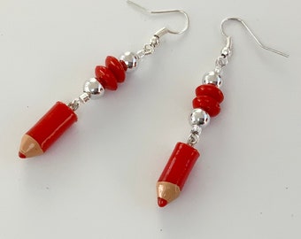 Bright Red Dangly Pencil Earrings