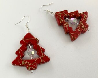 Red Christmas Tree Earrings