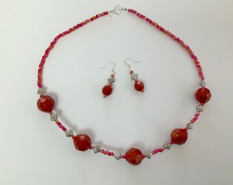 Bright Red Beaded Necklace with Earrings