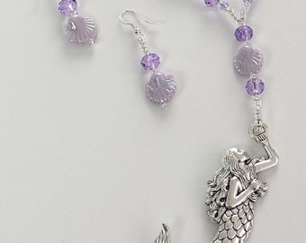 Pretty Purple Mermaid Pendant Necklace and Earrings