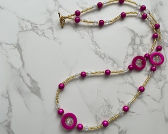 Bright Pink Hoop Beaded Necklace