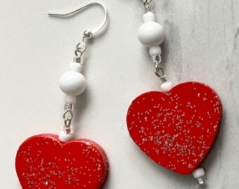 Bright Red Dangle Heart Earrings