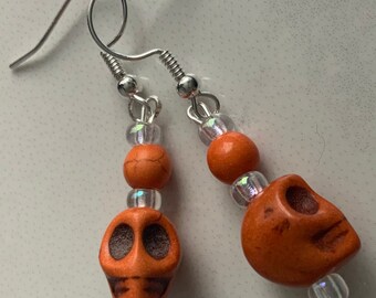 Bright Orange Skull Dangle Earrings