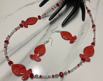 Red Fish Beaded Necklace and Earrings