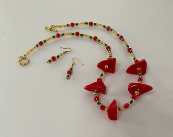 Red Beaded Necklace and Earrings set