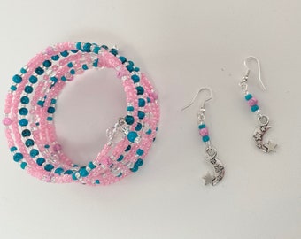 Pink and Blue Bead Memory Bracelet and Earrings